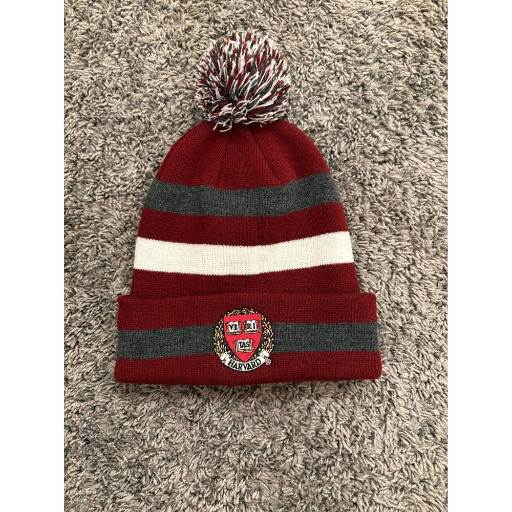 Harvard University Veri Tas Crest Striped Pom Beanie Hat Burgundy Grey White